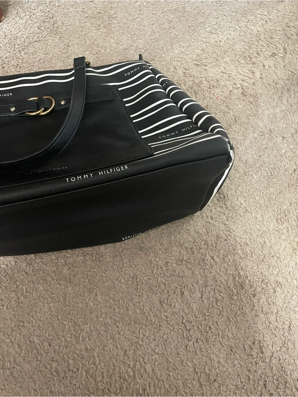 Tommy Hilfiger Black and White Striped Tote with Front Pocket